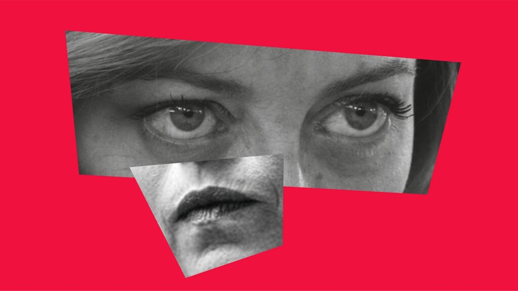 photomontage yeux et bouche giorgia meloni en noir et blanc sur fond rouge