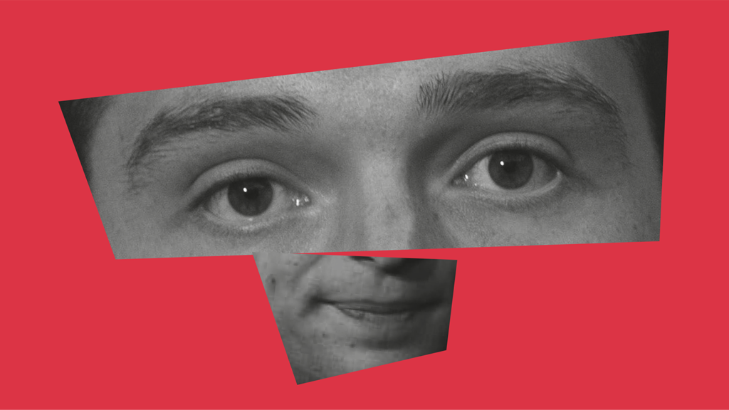 montage photo yeux et bouche de bardella sur fond rouge