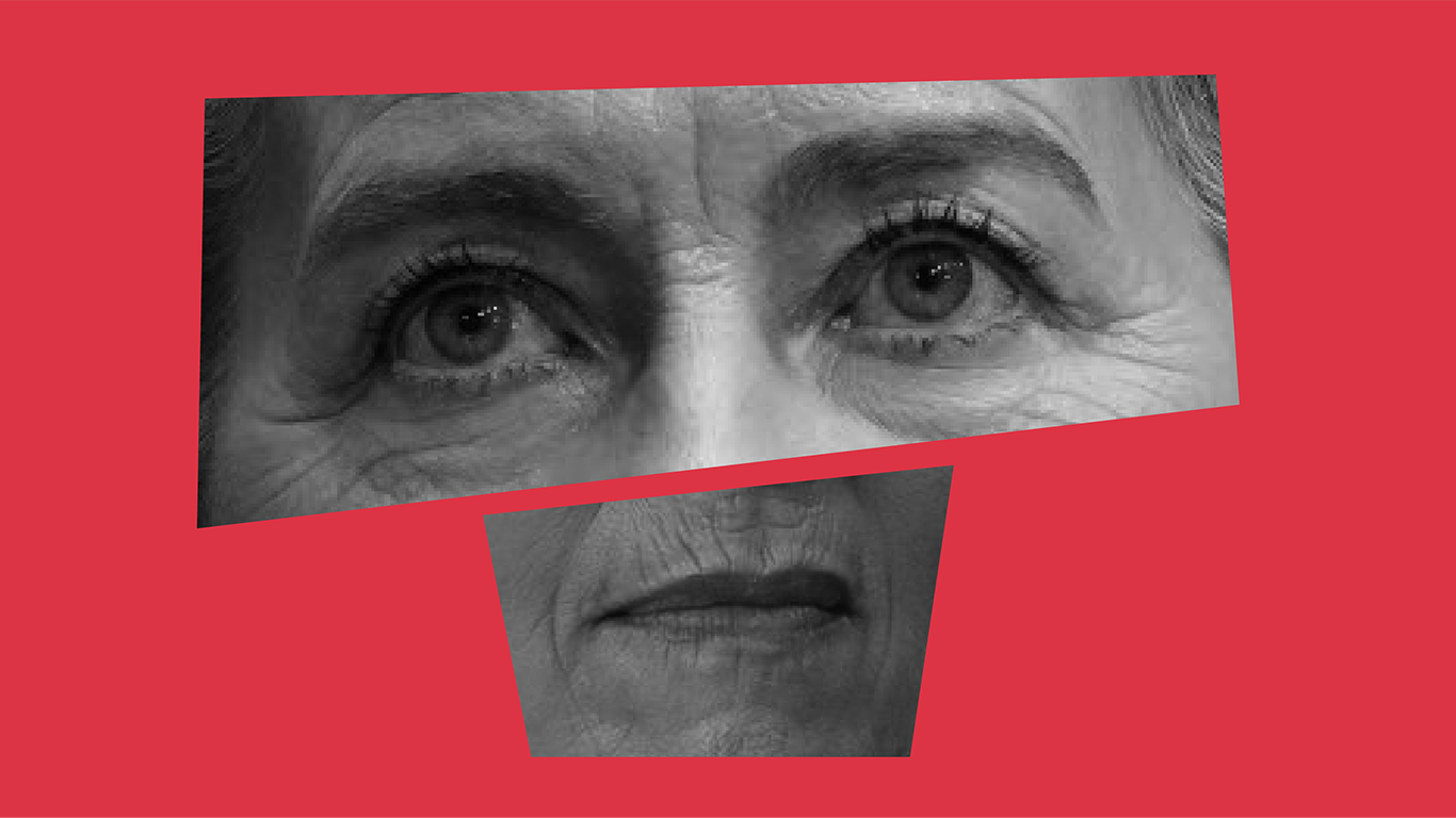 photomontage yeux et bouche en noir et blanc d'ursula von der leyen sur fond rouge