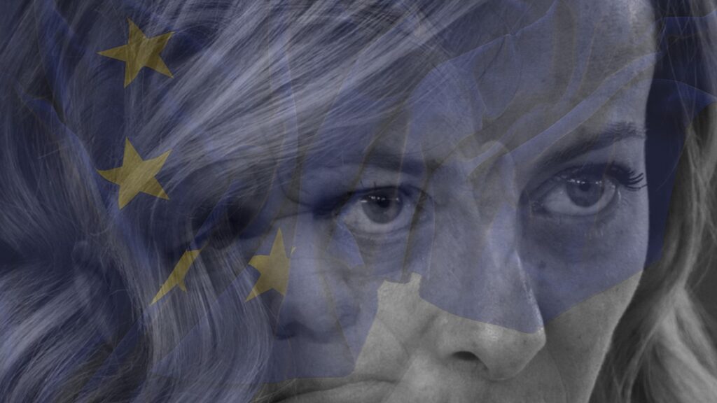 visages de meloni et d'orban superposés sur fond de drapeau européen
